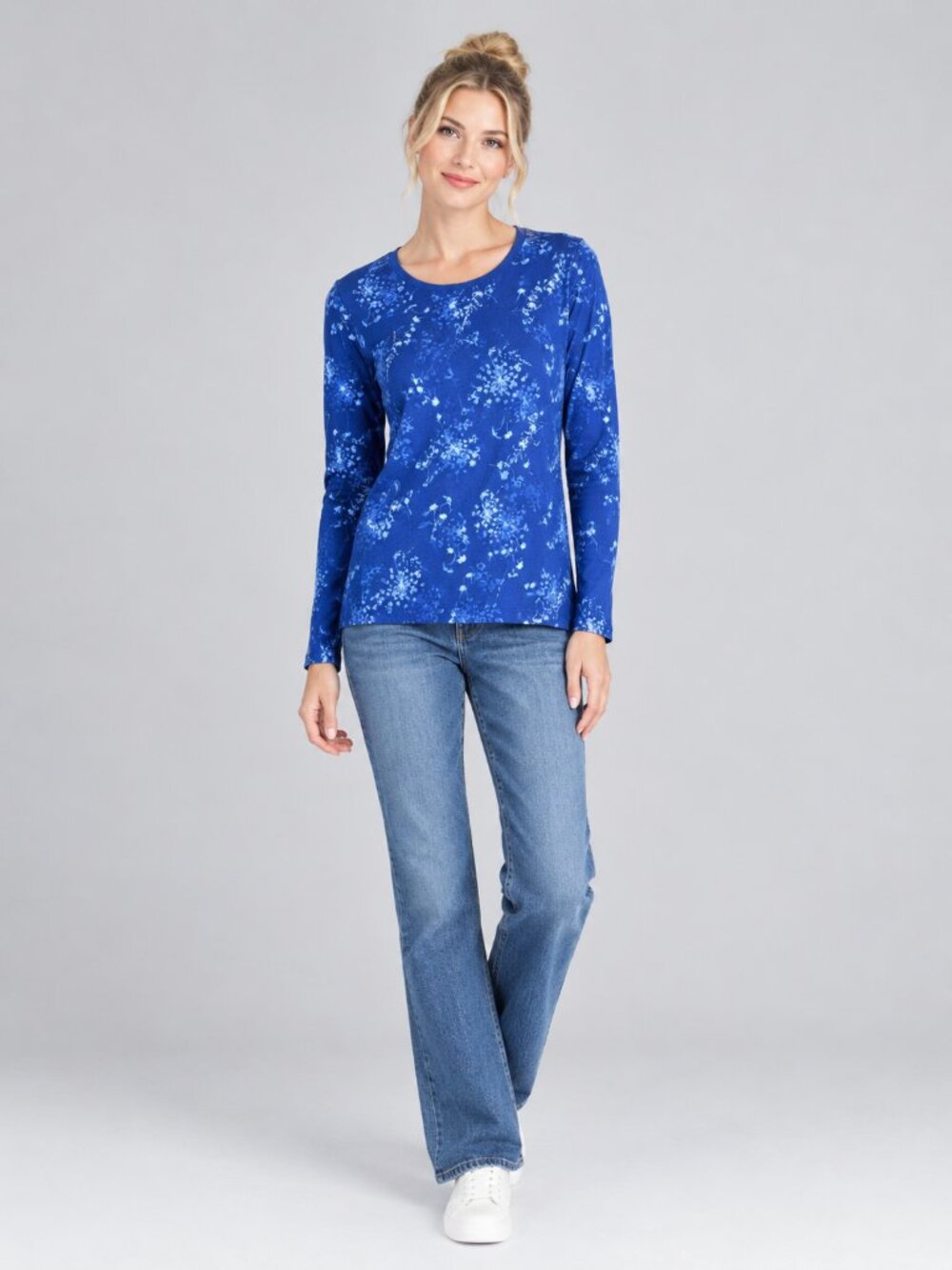 2/$30 Lands' End Relaxed Dandelion Print Long Sleeve Tee Royal Blue Small #A4940